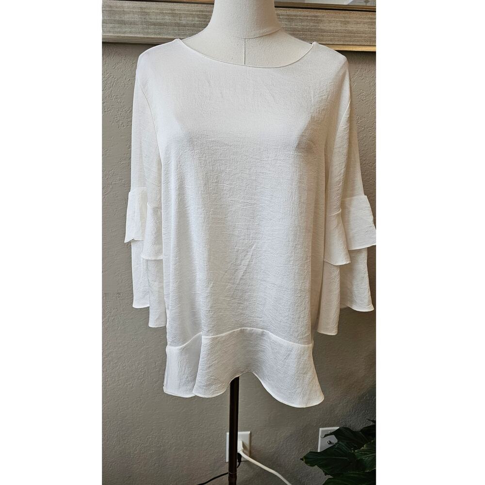 Ann Taylor Tie Shoulder Back 3/4 Tiered Ruffle Sleeve Top Women Sz M Ivory Party
